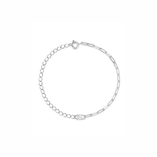 Minimalist silver bracelet with dual chain textures and central detail — lightweight, waterproof, and perfect for layering
