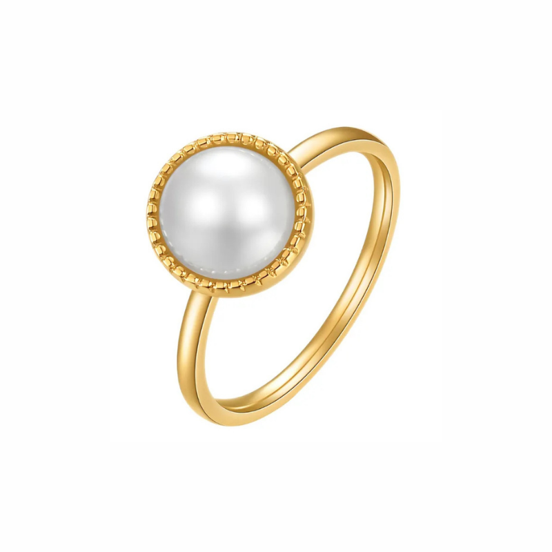 Gold-plated ring with a luminous pearl centrepiece and textured bezel — elegant, waterproof, and tarnish-resistant