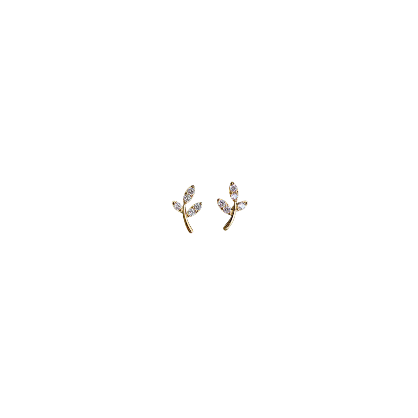 Gold leaf stud earrings with crystal detail, minimalist jewellery