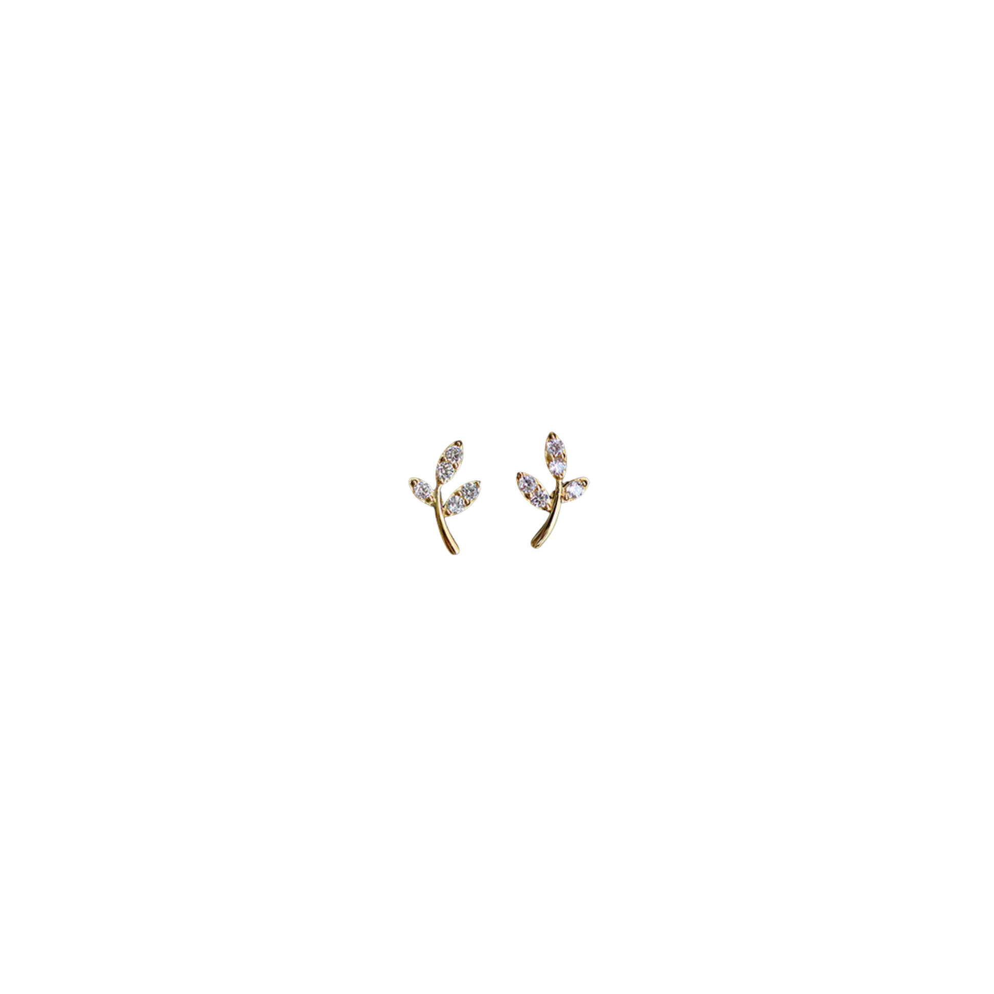 Gold leaf stud earrings with crystal detail, minimalist jewellery