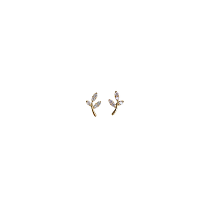 Gold leaf stud earrings with crystal detail, minimalist jewellery