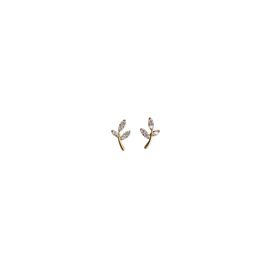 Gold leaf stud earrings with crystal detail, minimalist jewellery