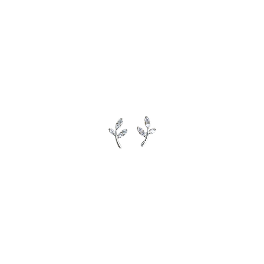 Silver leaf stud earrings with crystal detail, minimalist jewellery
