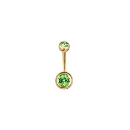 Gold PVD plated 316L stainless steel belly ring with green crystal-style gem
