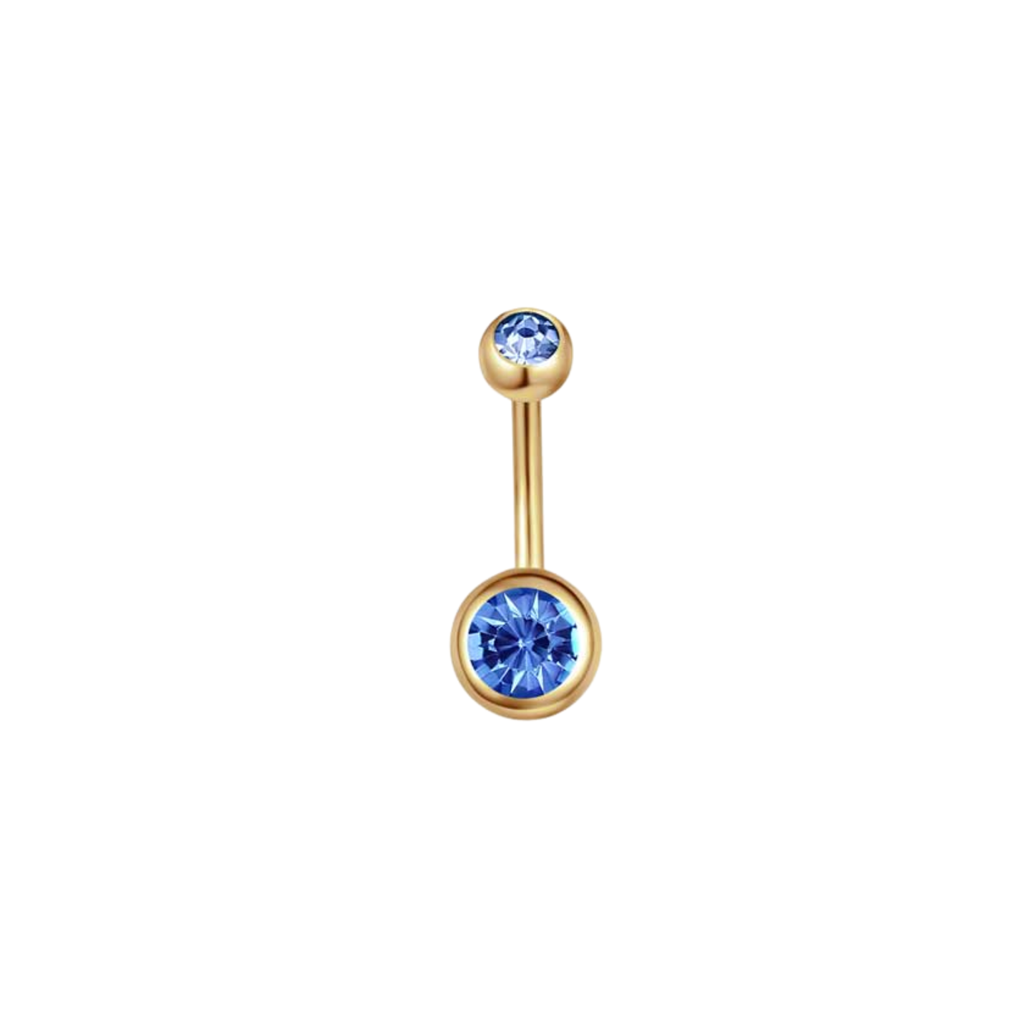 Gold PVD plated 316L stainless steel belly ring with blue crystal-style gem