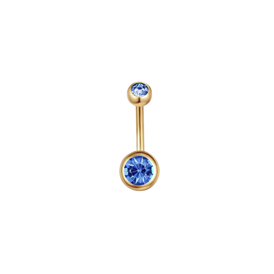 Gold PVD plated 316L stainless steel belly ring with blue crystal-style gem
