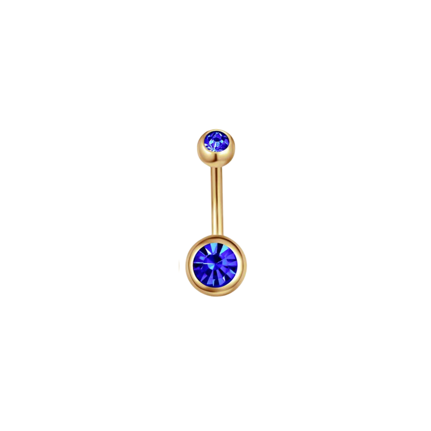Gold PVD plated 316L stainless steel belly ring with royal blue crystal-style gem
