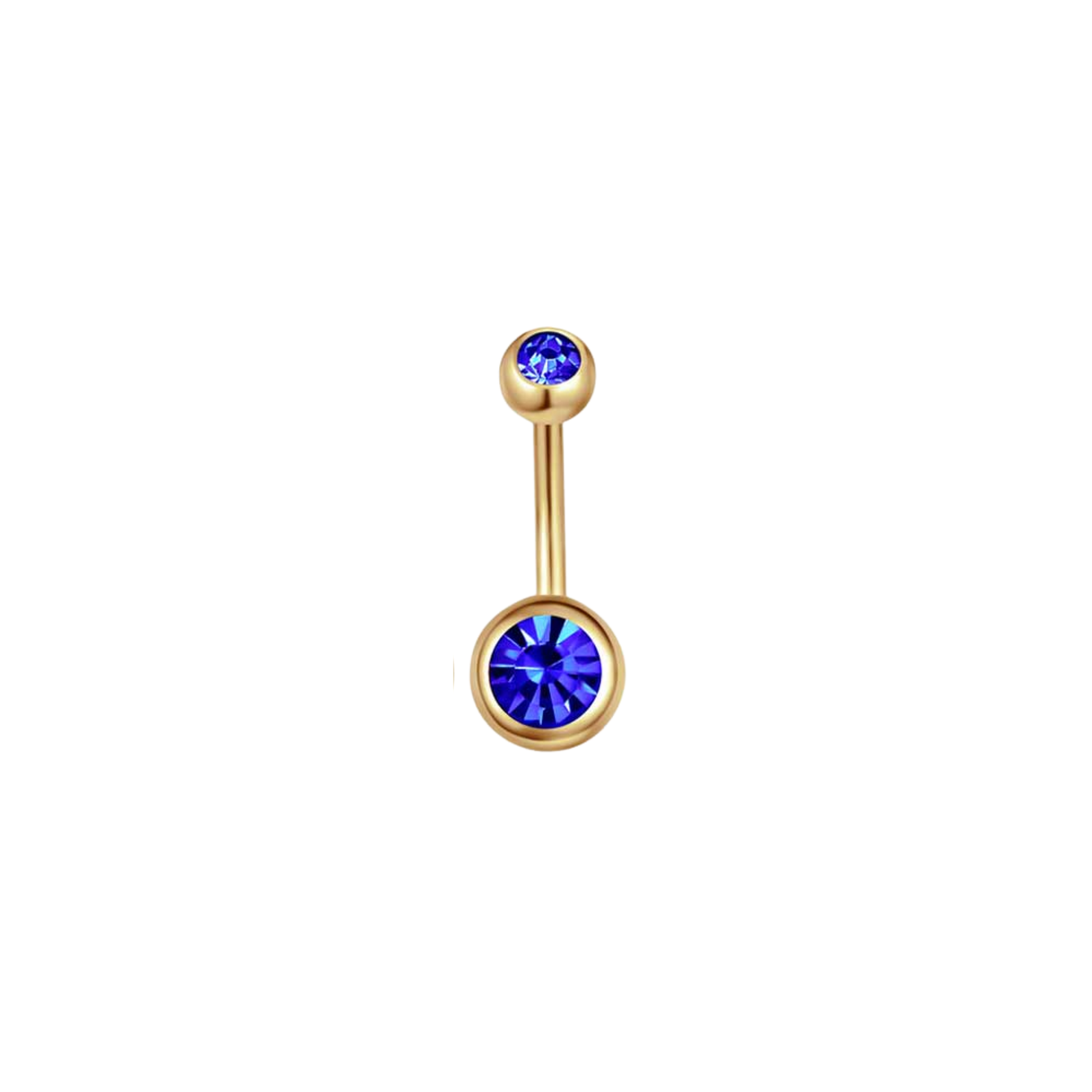 Gold PVD plated 316L stainless steel belly ring with royal blue crystal-style gem