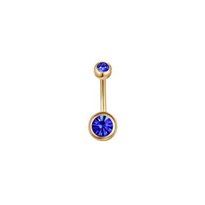 Gold PVD plated 316L stainless steel belly ring with royal blue crystal-style gem