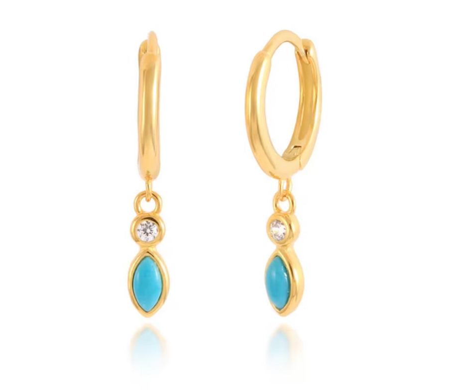 LYRA Drop Earrings – 18k gold-plated huggie earrings with turquoise marquise and crystal stones, waterproof and hypoallergenic by KJAYDE