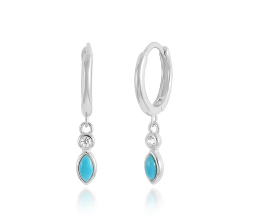 LYRA Drop Earrings – silver huggie earrings with turquoise marquise and crystal drop, waterproof and hypoallergenic by KJAYDE