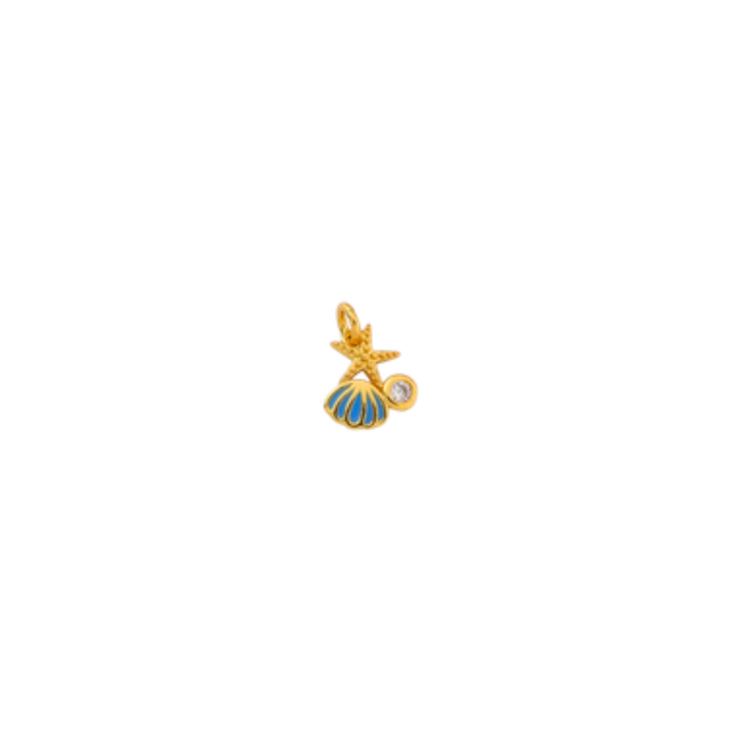 Gold-tone charm featuring a textured starfish, blue shell and small clear crystal on white background