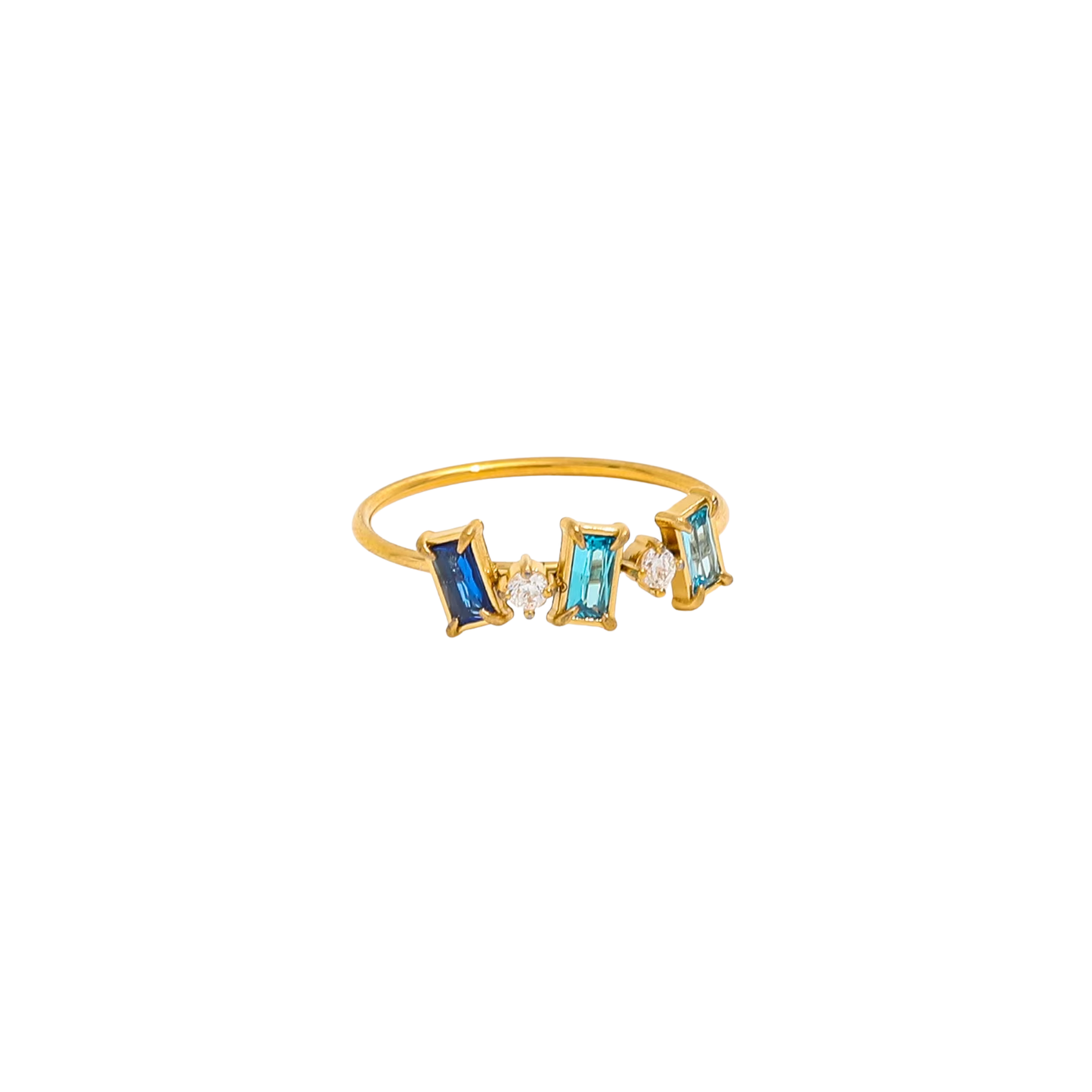 Gold baguette ring with blue stones, minimalist ocean-inspired stacking jewellery