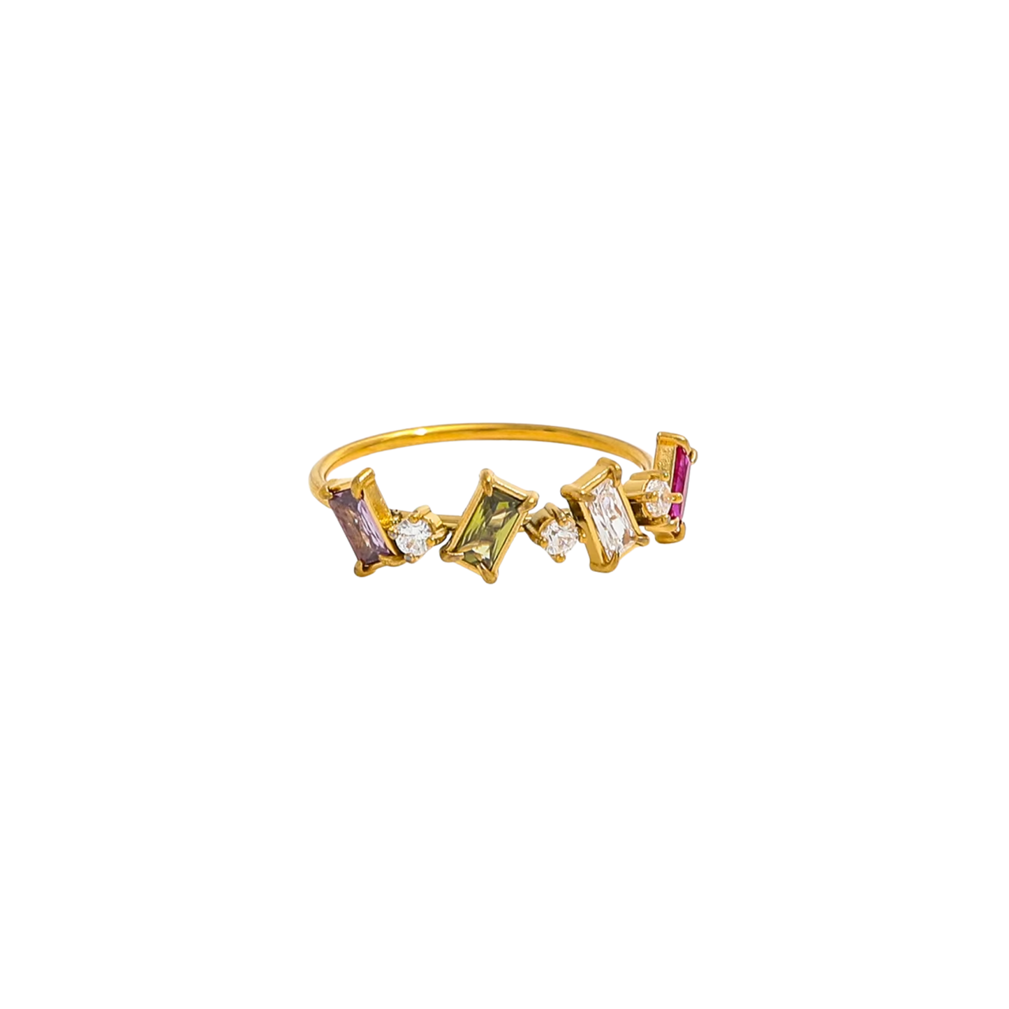 Gold baguette ring with multicolour stones, minimalist stacking jewellery