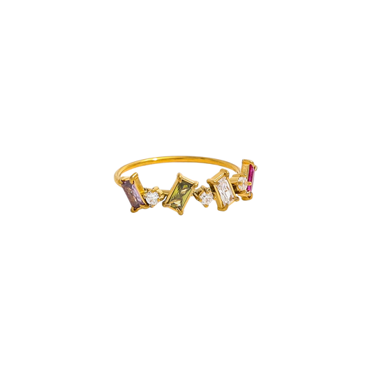Gold baguette ring with multicolour stones, minimalist stacking jewellery