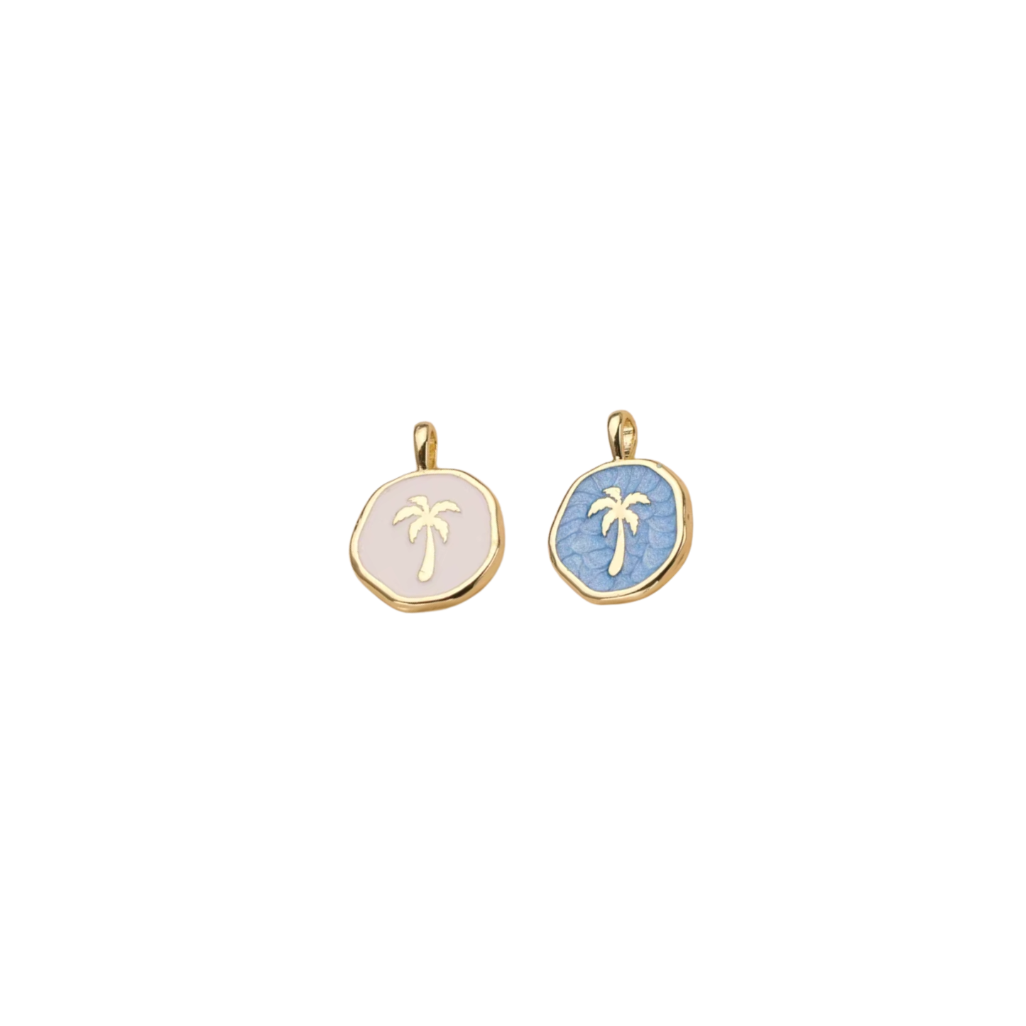 Gold-tone Palm Coast charms with blush and blue palm tree designs on white background