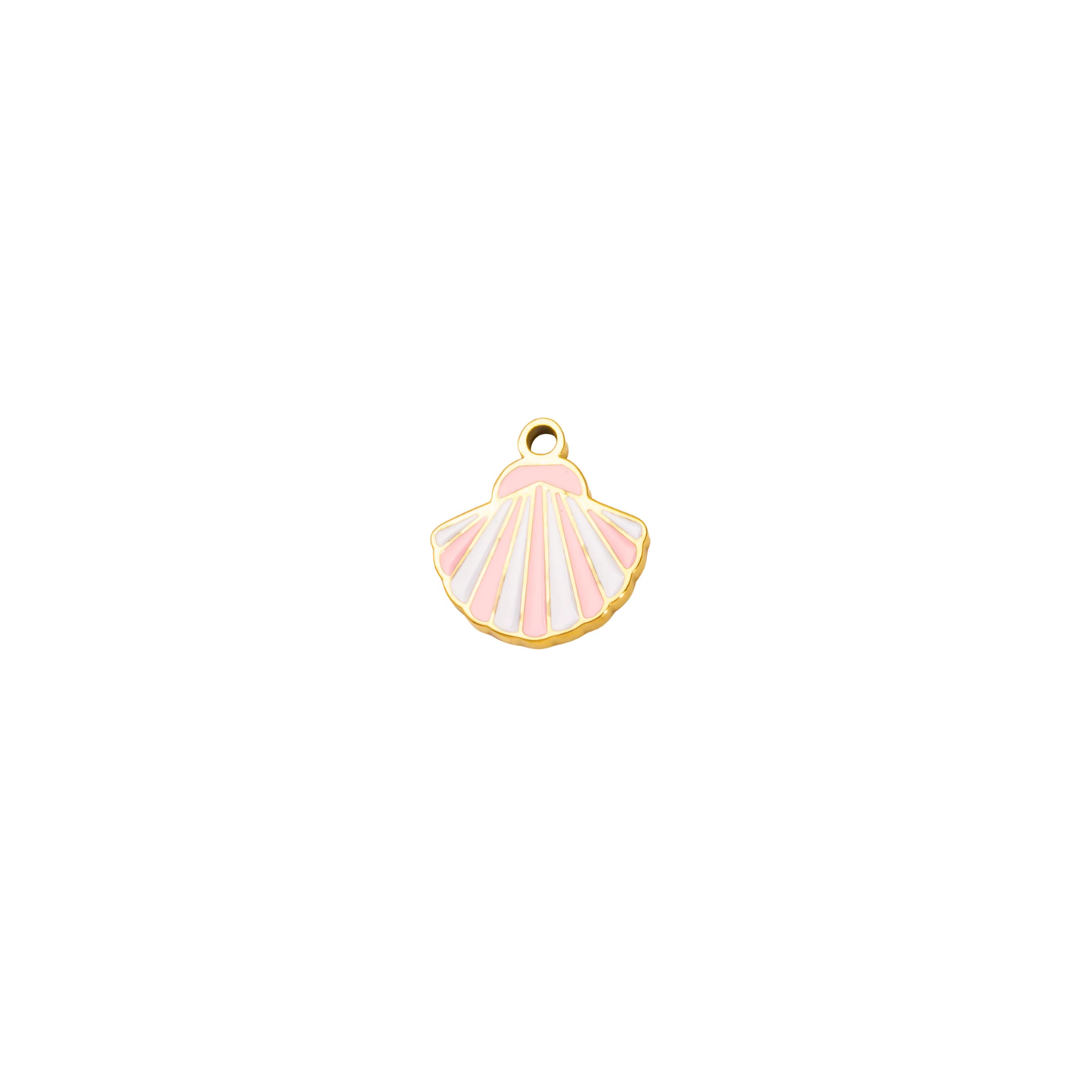 Gold-tone pastel shell charm with pink and white enamel detailing on white background
