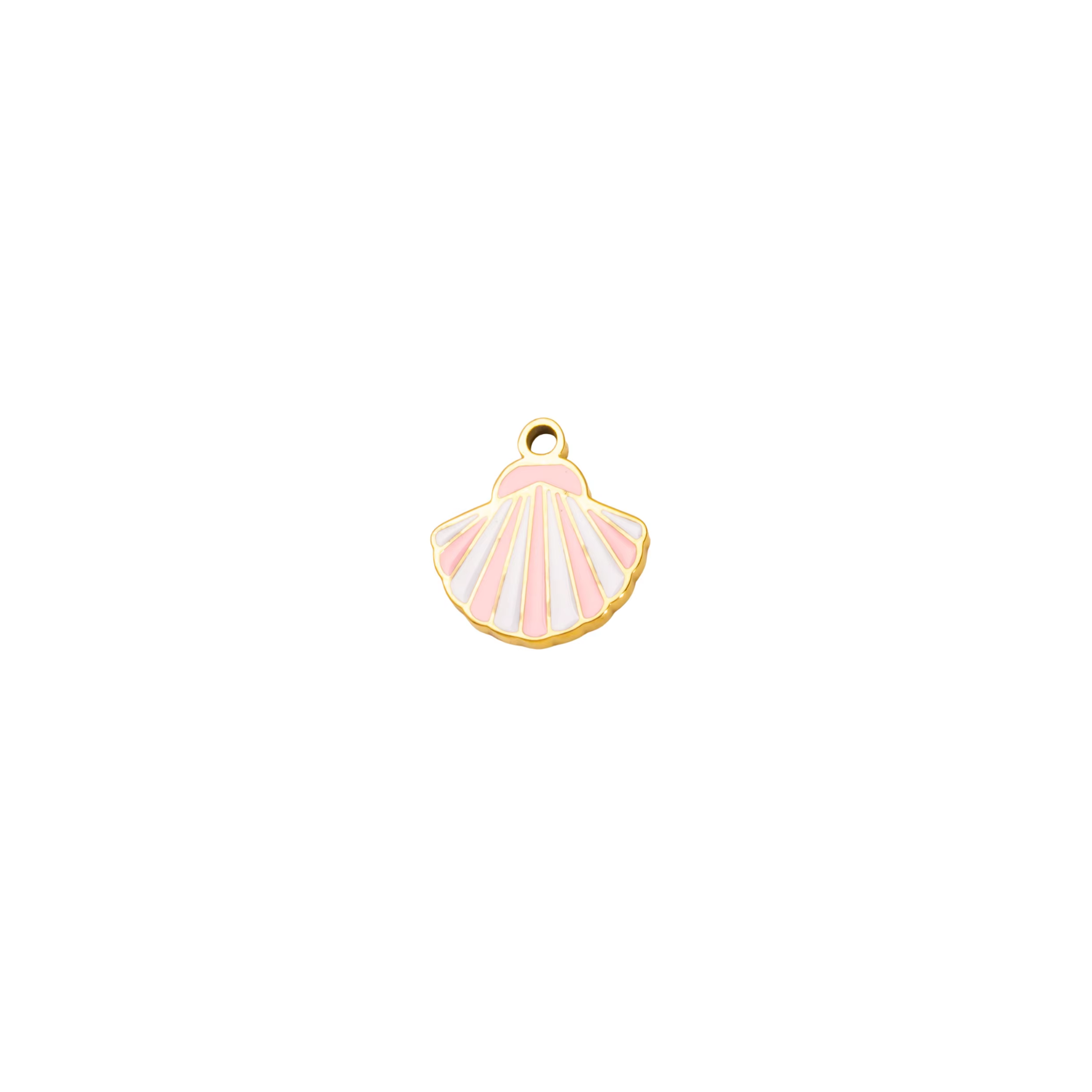 Gold-tone pastel shell charm with pink and white enamel detailing on white background