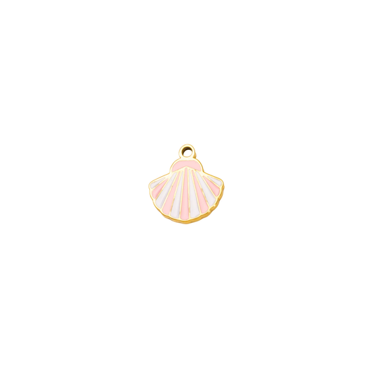 Gold-tone pastel shell charm with pink and white enamel detailing on white background