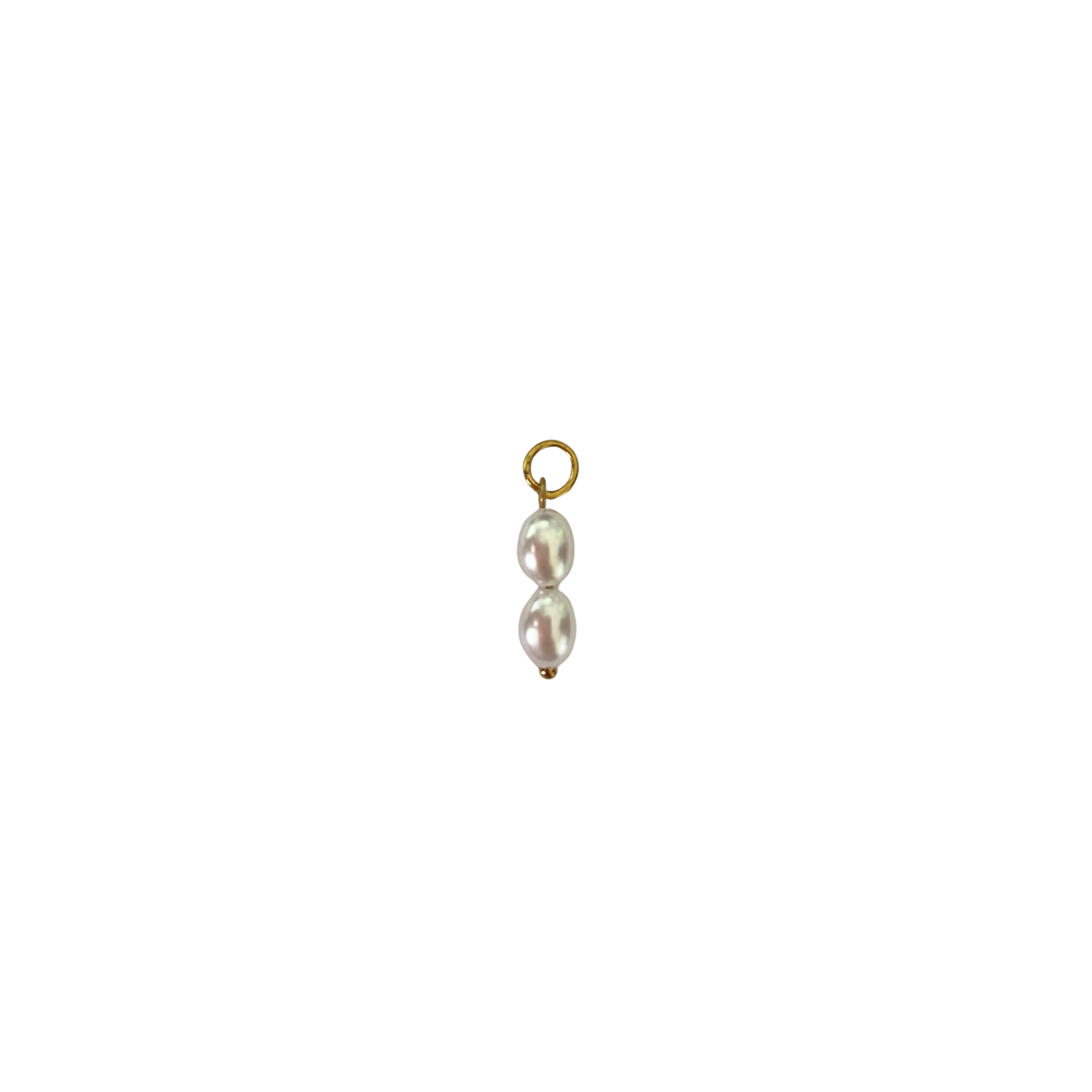 Gold-tone pearl double bead charm with two white pearl-style beads on white background