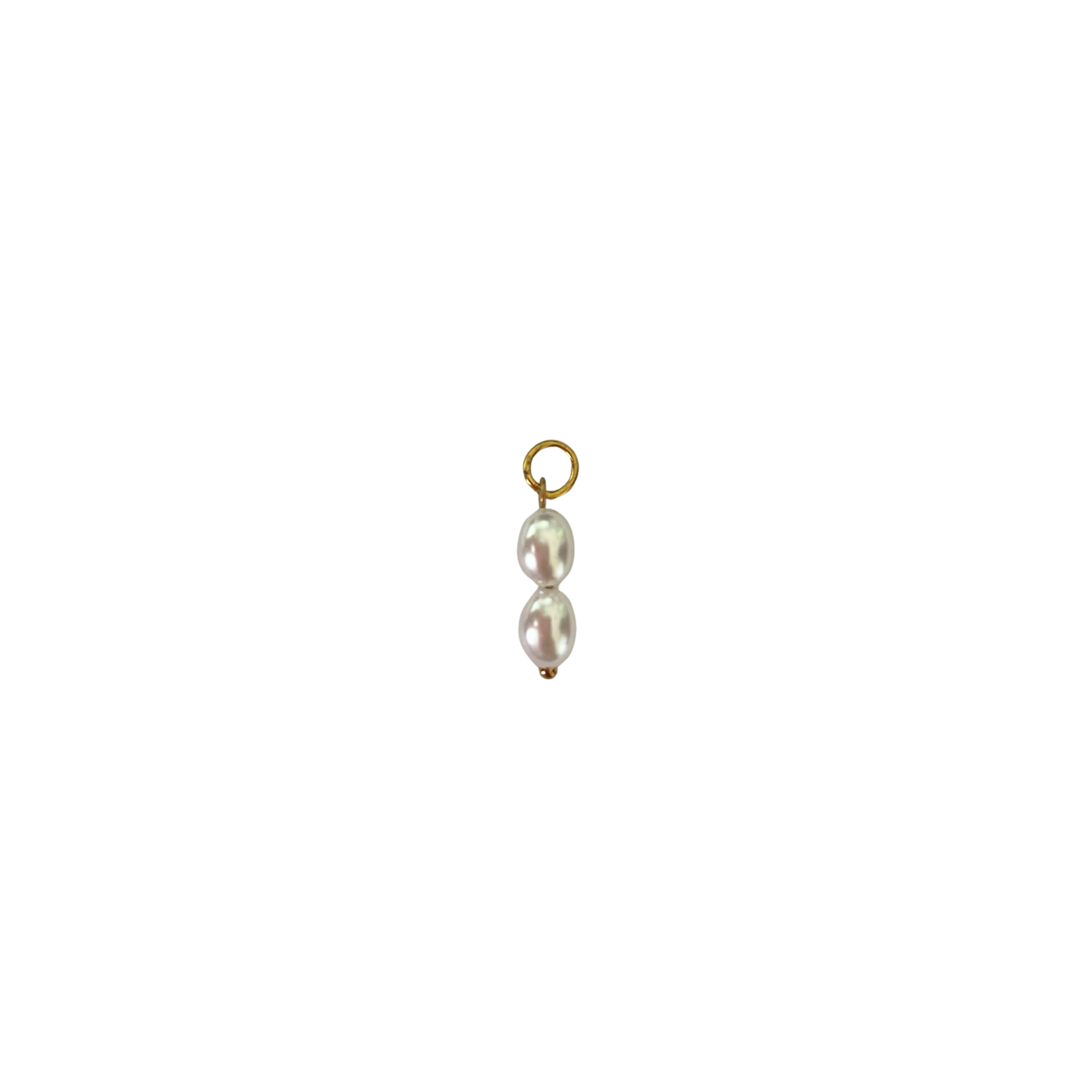 Gold-tone pearl double bead charm with two white pearl-style beads on white background