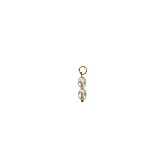 Gold-tone pearl double bead charm with two white pearl-style beads on white background