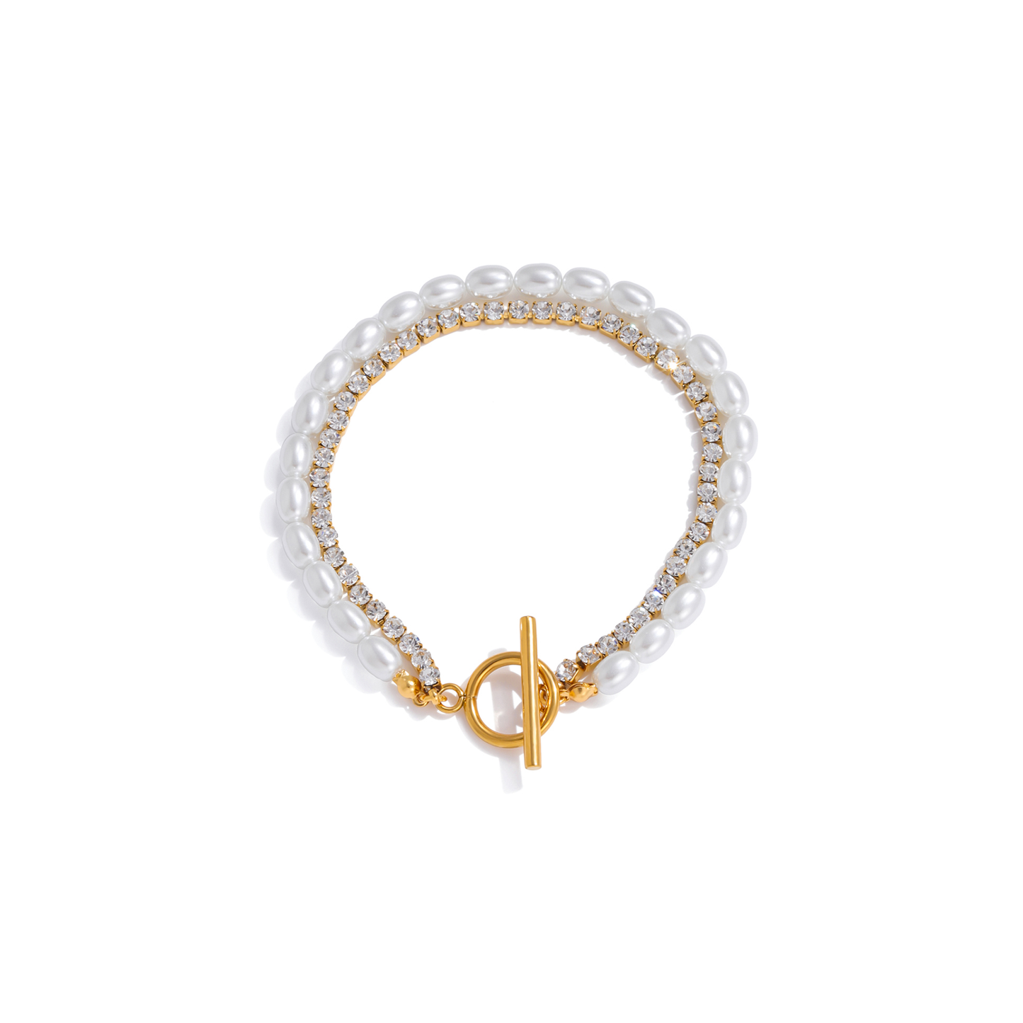 Pearl Tide gold bracelet featuring delicate pearl details and sparkling crystal accents in a coastal-inspired design.
