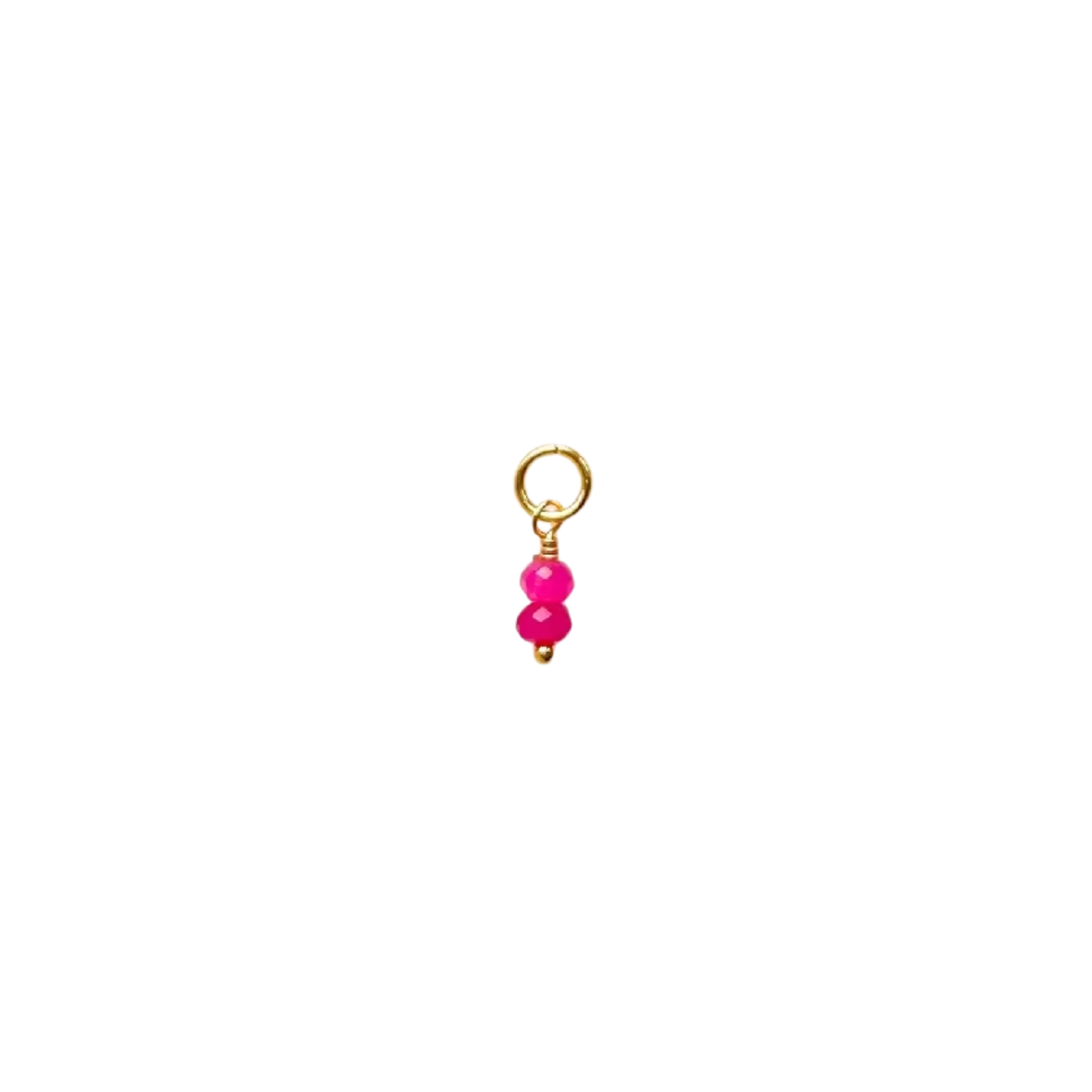 Gold-tone pink double bead charm with two bright pink beads on white background