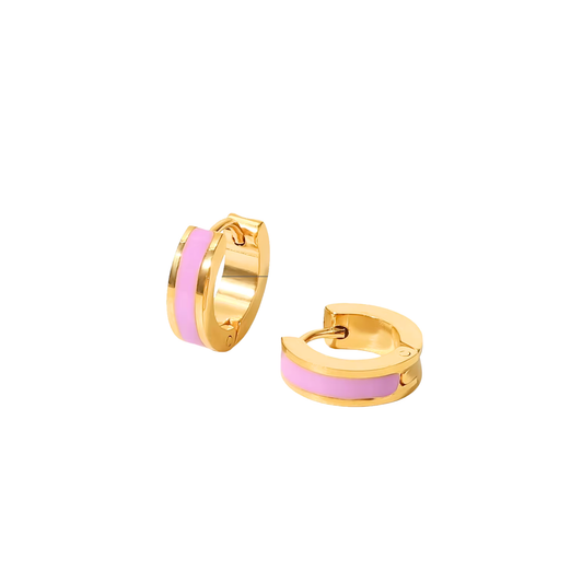 Gold huggie hoop earrings with soft pink enamel stripe, feminine and modern
