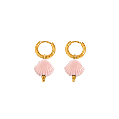 Gold hoop earrings with pink shell charm drops – minimalist beach jewellery by KJAYDE
