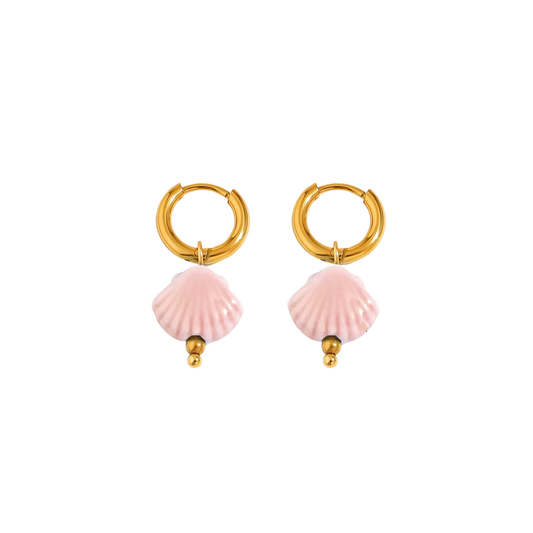 Gold hoop earrings with pink shell charm drops – minimalist beach jewellery by KJAYDE
