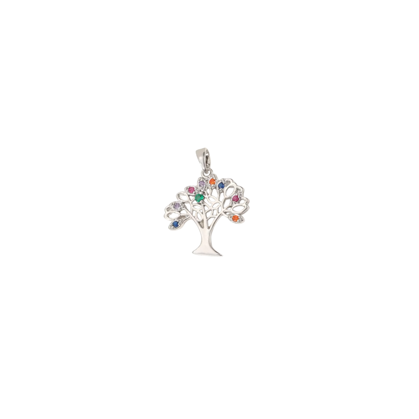 Silver tree charm with colourful crystal-style accents on white background