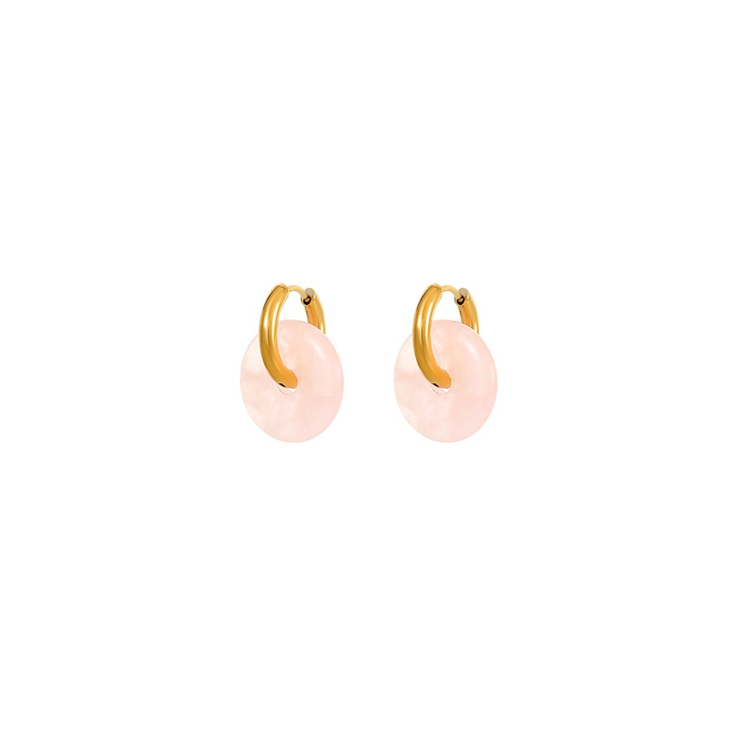 Gold hoop earrings with pale pink rose quartz donut charms – soft pastel jewellery by KJAYDE
