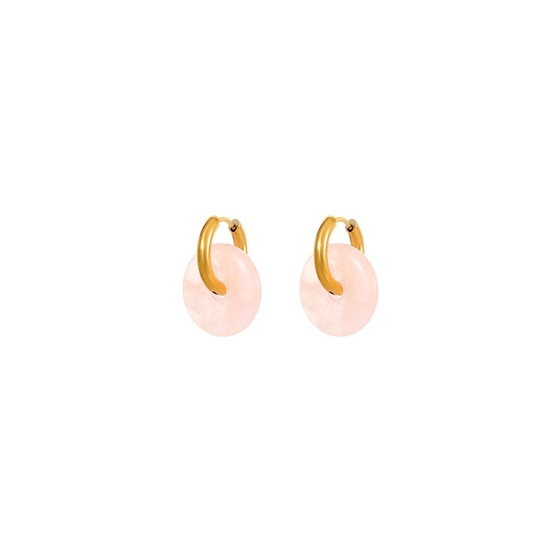 Gold hoop earrings with pale pink rose quartz donut charms – soft pastel jewellery by KJAYDE
