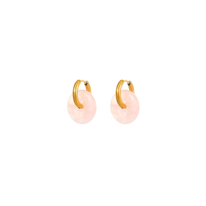 Gold hoop earrings with pale pink rose quartz donut charms – soft pastel jewellery by KJAYDE