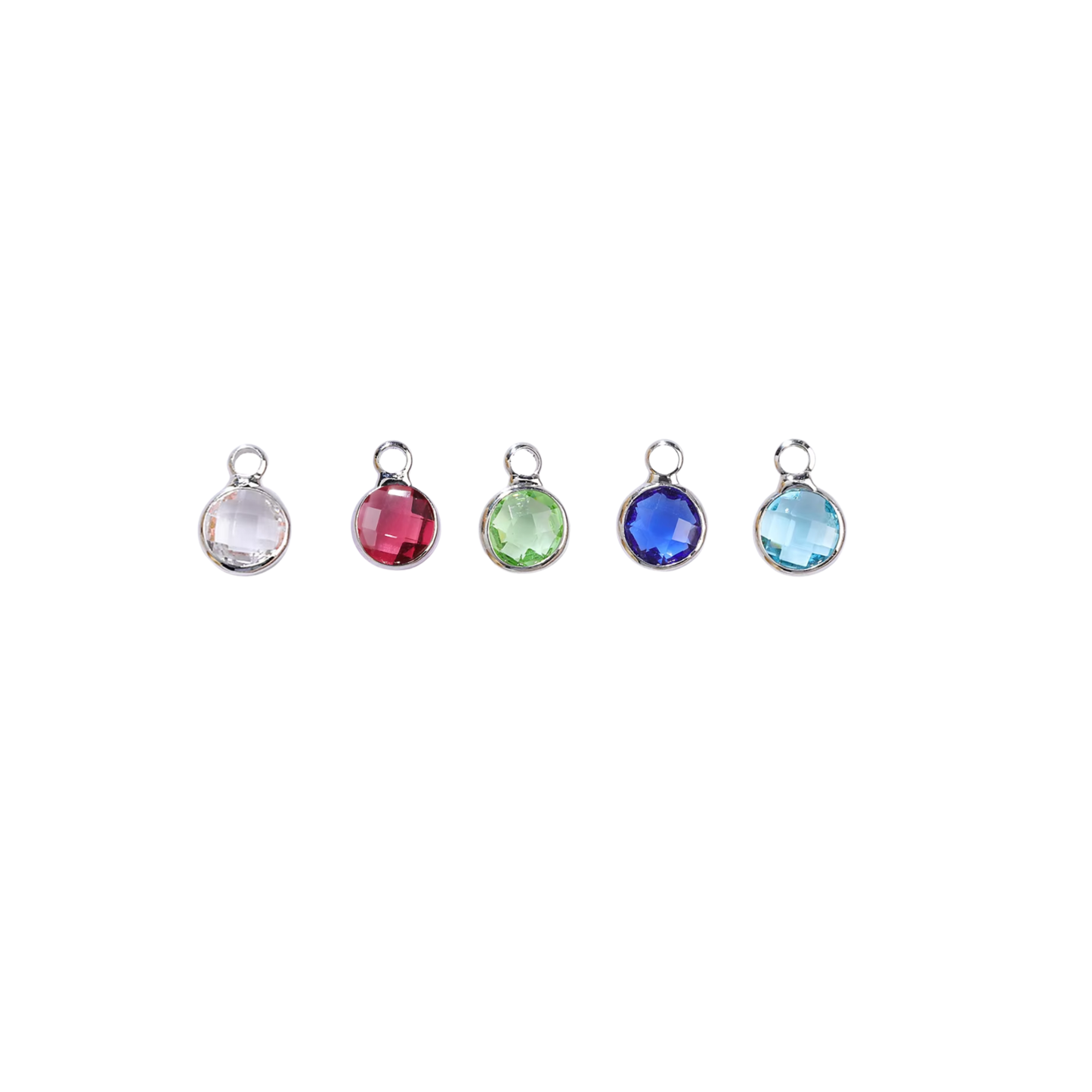 Silver crystal drop charm with round faceted stone on white background