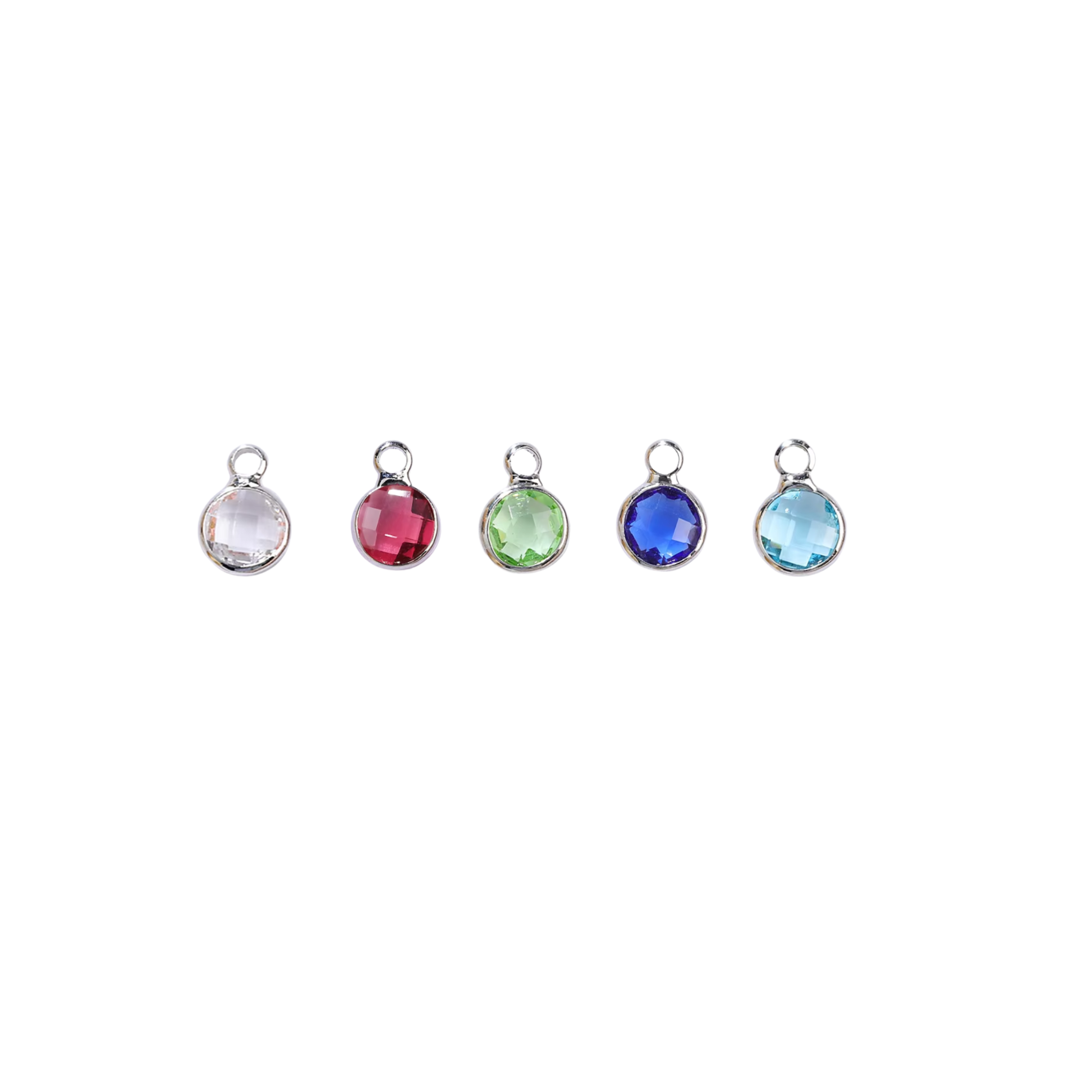 Silver crystal drop charm with round faceted stone on white background