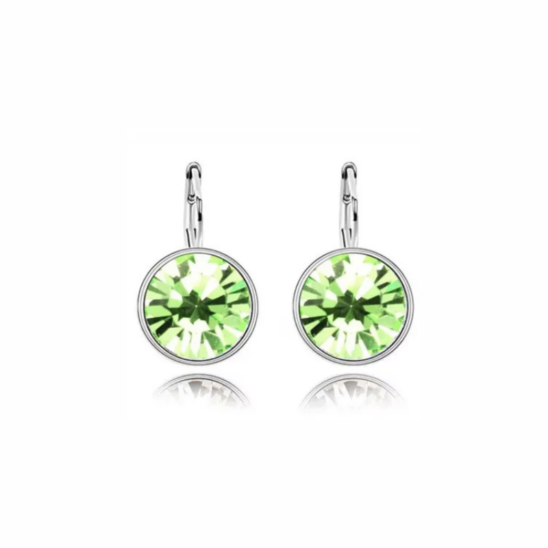 Ella silver leverback drop earrings with bezel-set round green crystal