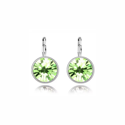 Ella silver leverback drop earrings with bezel-set round green crystal