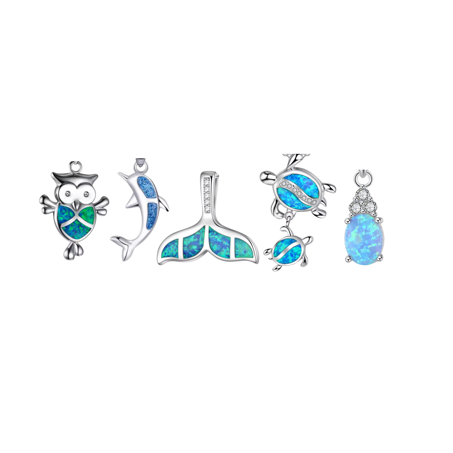 Silver opal charm collection featuring owl, dolphin, whale tail and oval opal pendant designs with blue and green opal-style detailing