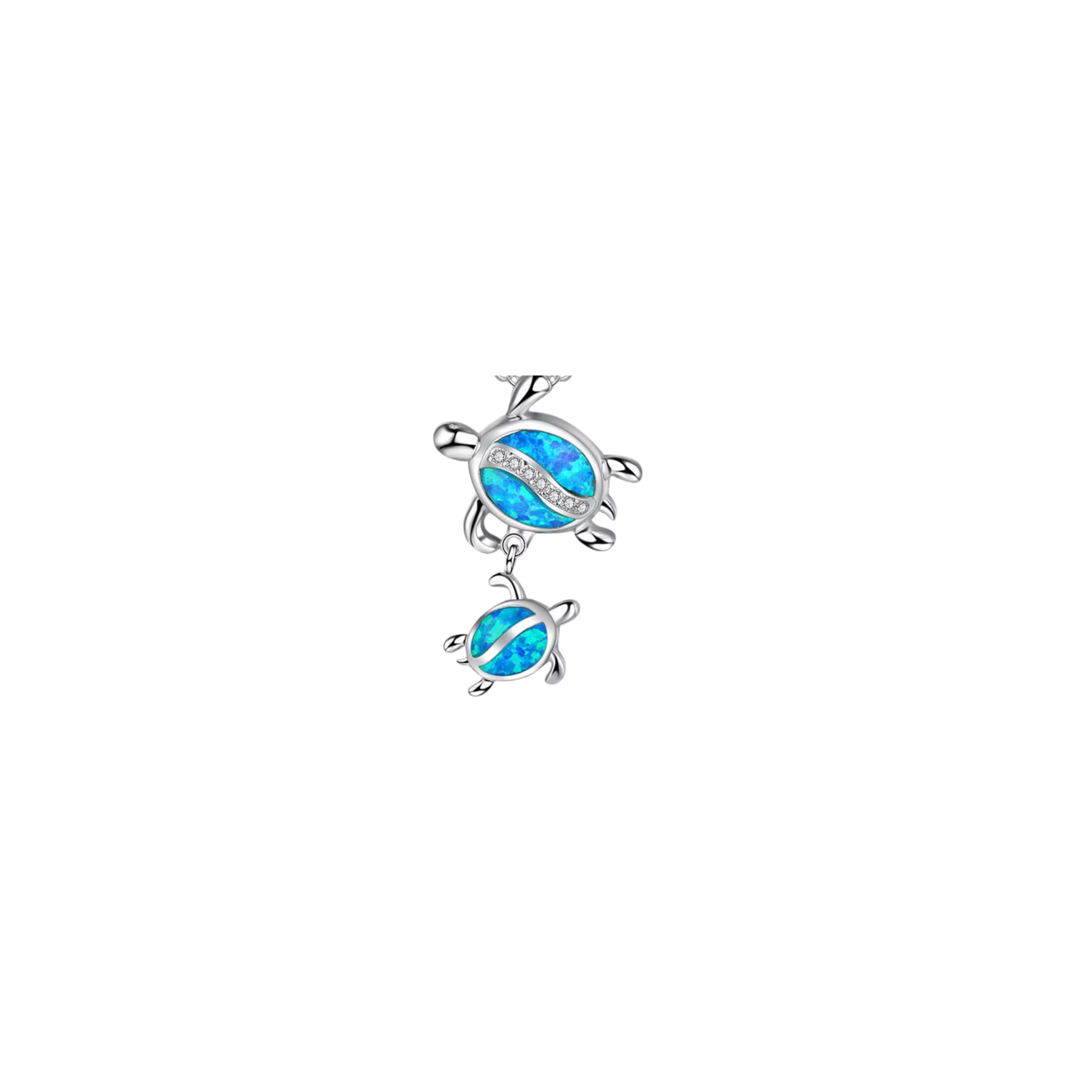 Silver turtle duo charm with blue opal-style detailing featuring a large turtle and a smaller hanging turtle.