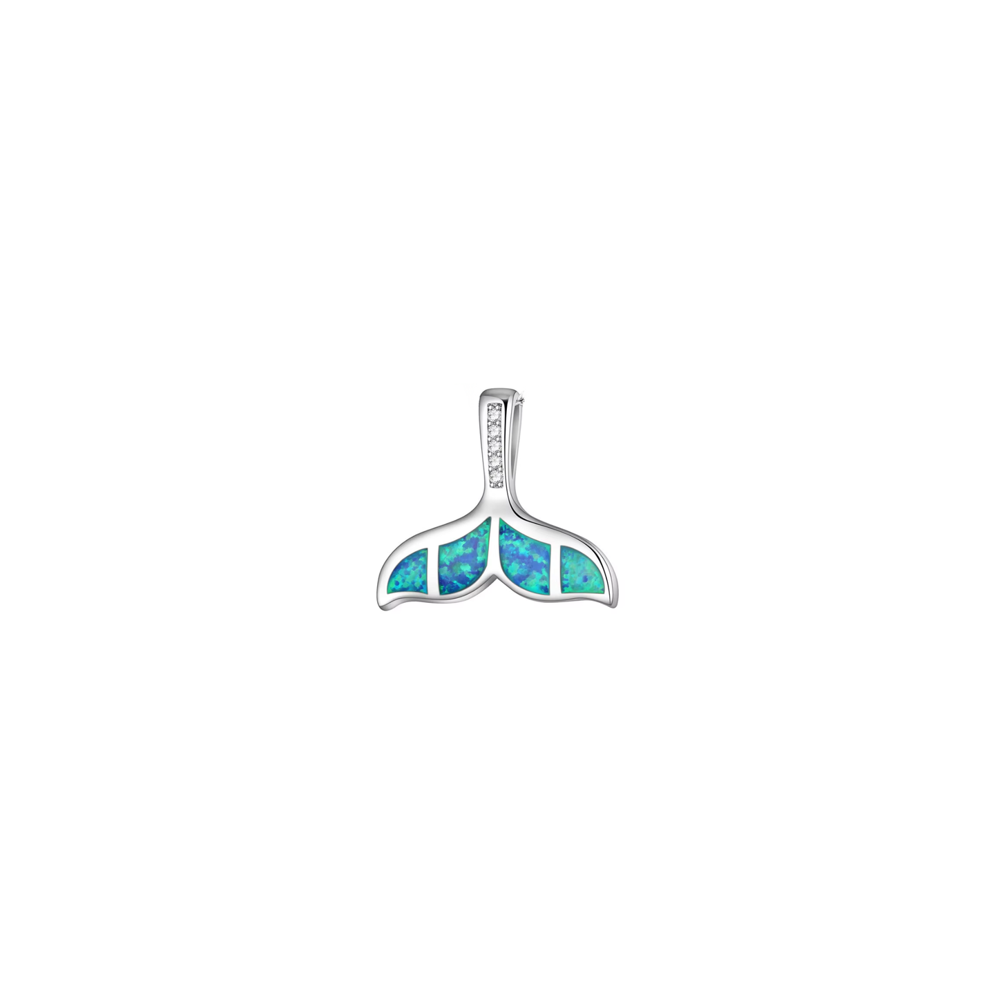 Silver whale tail charm with blue and green opal-style inlay