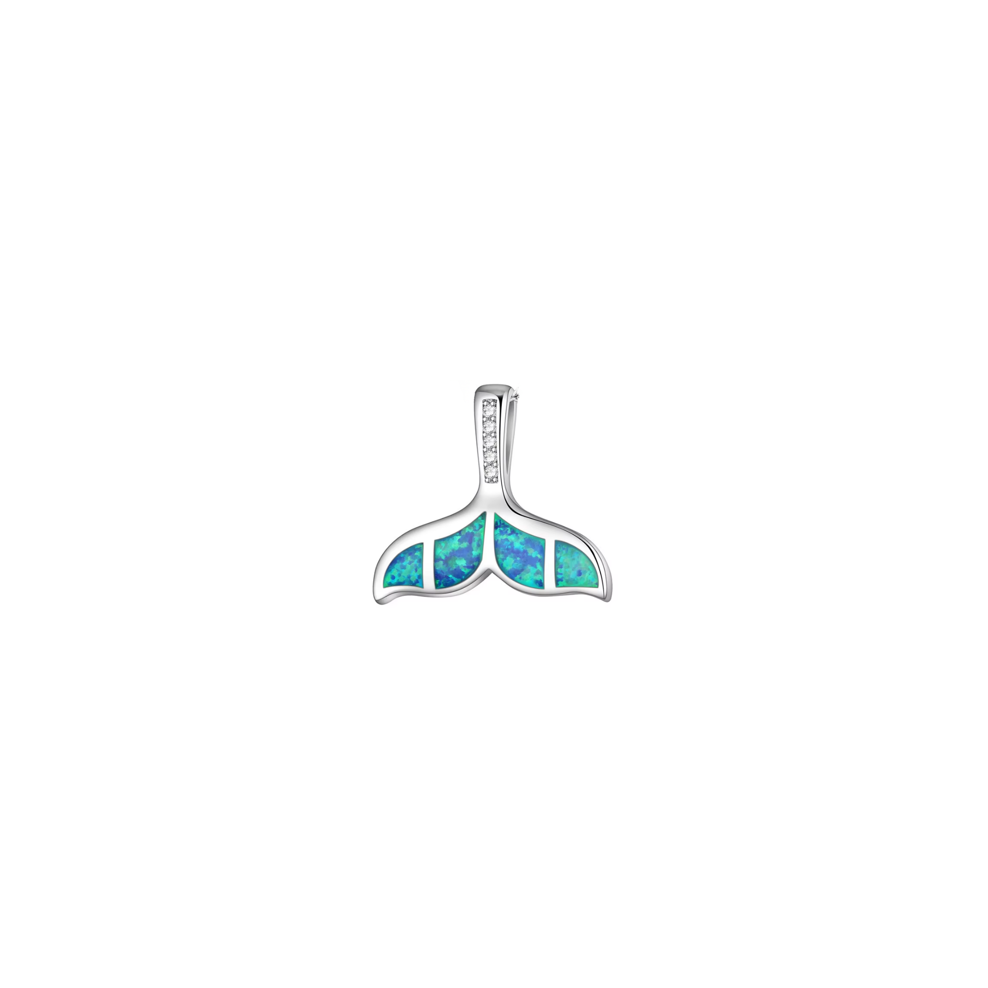 Silver whale tail charm with blue and green opal-style inlay
