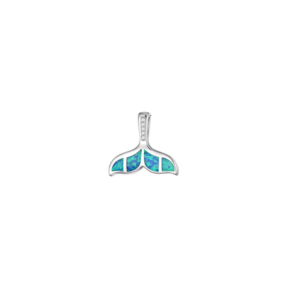 Silver whale tail charm with blue and green opal-style inlay