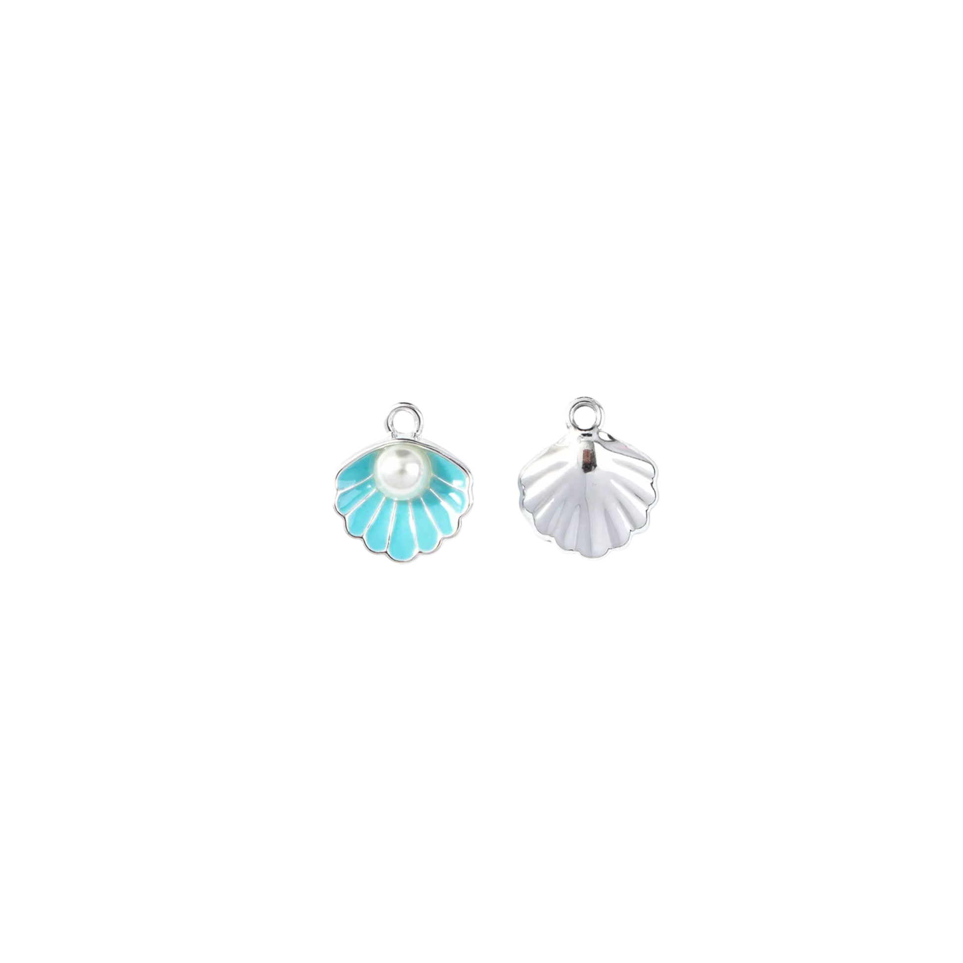 Silver shell charm with aqua blue detailing and pearl-style centre on white background