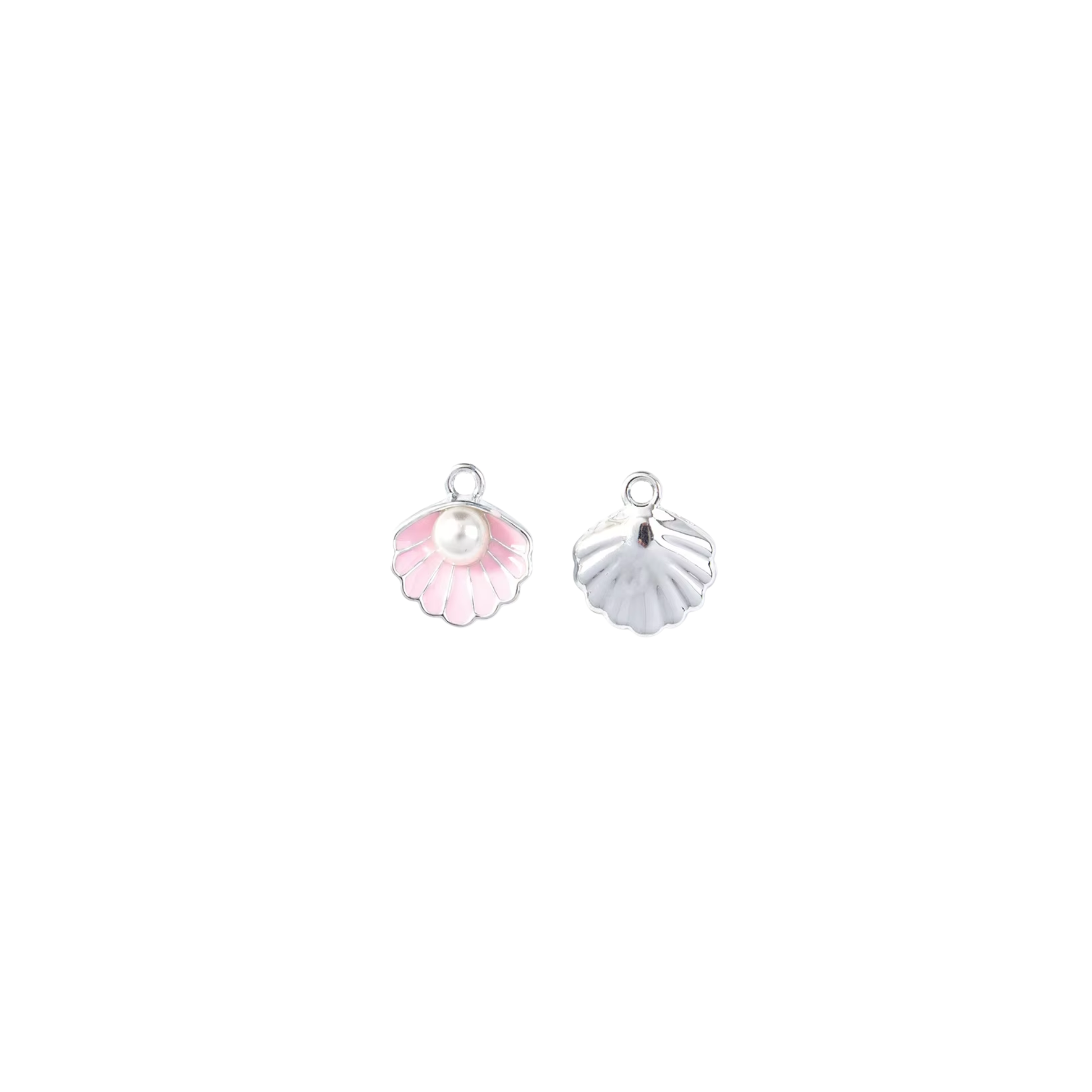 Silver shell charm with pink detailing and pearl-style centre on white background