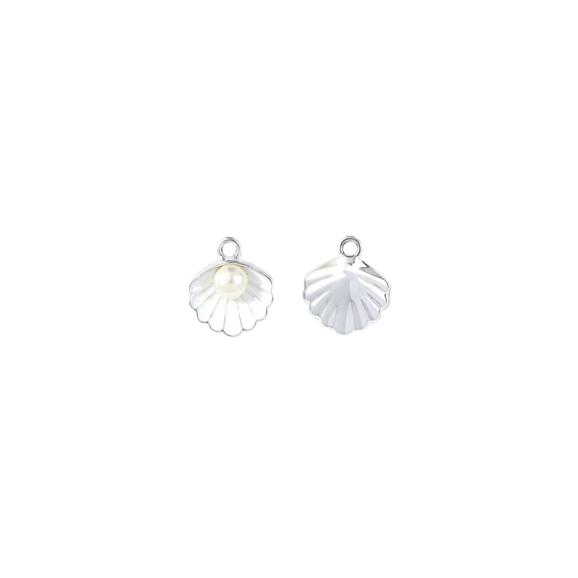 Silver shell charm with white pearl-style centre on white background