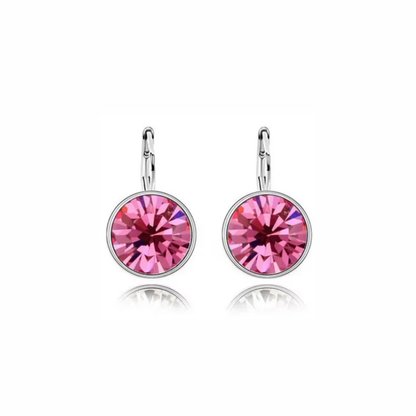 Ella silver leverback drop earrings with bezel-set round pink crystal