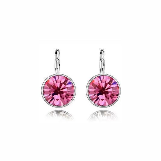 Ella silver leverback drop earrings with bezel-set round pink crystal