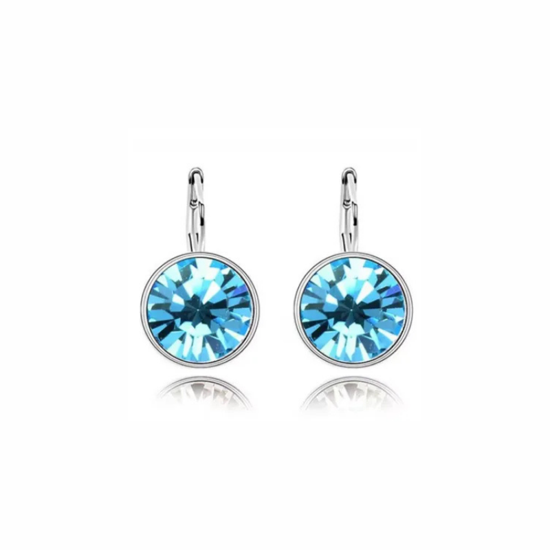 Ella silver leverback drop earrings with bezel-set round sky blue crystal